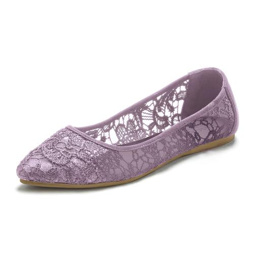 „Slipper LASCANA „“Ballerina““ Gr. 37, lila (flieder) Damen Schuhe Brautschuh Ballerina Slip ons Halbschuh, mit floraler Spitze VEGAN“
