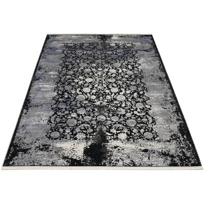 Teppich MUSTERRING "COLORADO FLOWER", grau (grau, schwarz), B:67cm H:5mm L:130cm, Viskose, Polyacryl, Teppiche, Fransenteppich, exclusive MUSTERRING DELUXE COLLECTION hochwertig gekettelt Fransen Image