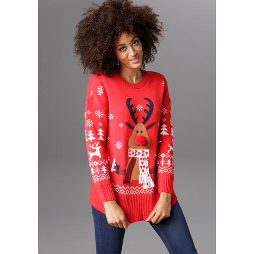 Weihnachtspullover ANISTON CASUAL Gr. 44, rot (rot-weiß-marine-hellbraun-braun) Damen Pullover mit Bommel-Nase und Fransenschal Bestseller