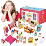 Wooden Dollhouse Furniture Set â€“ 49-Piece Kit 7 Rooms 1:12 Scale â€“ Doll House Bathroom Dining Room Master Bedroom Kids & Baby Rooms Full Kitchen Living Room Doghouse â€“ Kids Toy Accessories