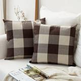 Pack of 2 Plaid Throw Pillow Covers Cushion Case Farmhouse Square Throw Pillow Cases for Fall Home Decor 18 x 18 Inches(Coffee-White)