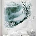 Forest Tapestry Winter Forest with Frozen Snowy Foliage Grass Icy Tree Branches Lake Scenery Fabric Wall Hanging Decor for Bedroom Living Room Dorm 5 Sizes Turquoise White by Ambesonne