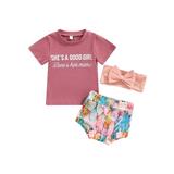aturustex Baby Girl s 3Pcs Outfit Letter Print Short Sleeve Round Neck Tops + Feather Print Shorts + Headband