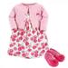 Hudson Baby Infant Girl Cotton Dress Cardigan and Shoe 3pc Set Pink Roses 3-6 Months