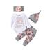 Infant Toddler Baby Girl Cute Romper Long Sleeve Romper Bodysuit+Flower Printed Pants+Headband+Hat Set 4 Pcs Outfit Clothes Set (0-24 Months)