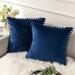 Ashler Decorative Soft Velvet Throw Pillow Cushion Covers with Pom Poms Particles Solid for Couch Bedroom Car Navy Blue 22 X 22 Packs of 2