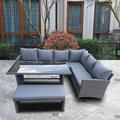 Furniture One 4-Piece Outdoor Patio Sofa Furniture Set Hand-Woven PE Rattan Wicker and All-Weather Resistant Patio Set with Tempered Glass Table High Density Cushions Conversation Set