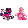 Bayer Design 13013 - Puppenwagen Trendy, rosa/blau & 93800-pink 93825AA Babypuppe First Words, Schlafaugen, spricht 24 Babylaute, weicher Körper, mit Schnuller und Flasche, 38 cm, pink