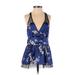 Sleeveless Blouse: Plunge Covered Shoulder Blue Floral Tops - Women's Size X-Small