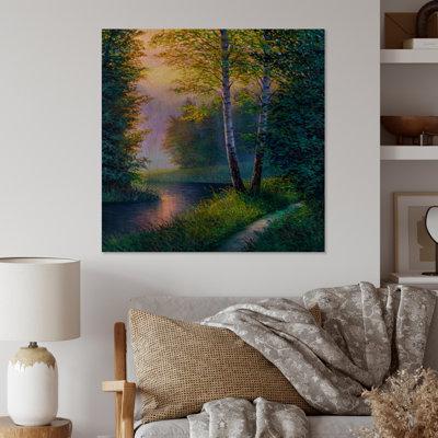 Millwood Pines Morning Sunlight Through the Birch Forest - Unframed Painting on Wood in White | 36 H x 36 W x 1 D in | Wayfair