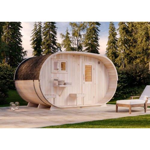 Saunahaus Oval inkl. Holz-Ofen (18 kW), unbehandelt – Gartensauna Außensauna – Naturbelassen
