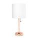 Rose Gold Stick Table Lamp with Charging Outlet & Fabric Shade White