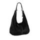 Women Soft Slouch Genuine Italian Suede Light Weight Large Shopper Tote Handbag With Ring Buckle Handle (Black)