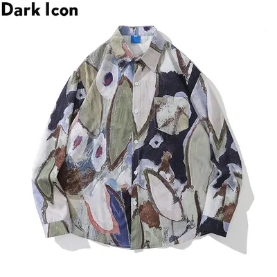 Dark Icon-Chemises à manches longues pour hommes peinture abstraite matériau fin chemisier