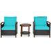 3PCS Patio Rattan Furniture Set Solid Wood Frame Cushion Sofa Round Table Shelf