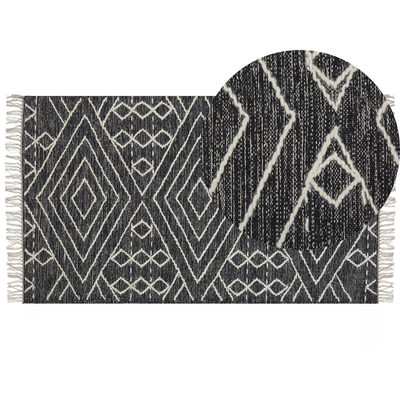 Teppich Läufer Schwarz Baumwolle und Wolle Rechteckig 80 x 150 cm mit Geometrischem Muster Fransen Handgewebt Boho Skand