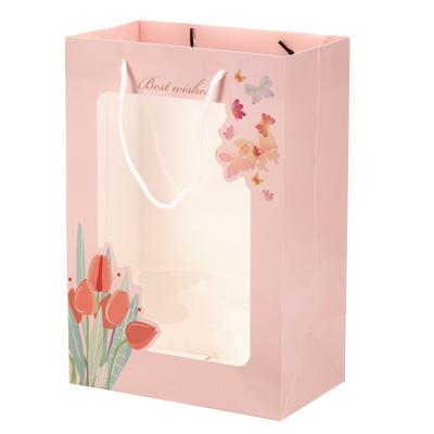 24x15x35cm Paper Gift Bag with Transparent Window, 3 Pack, Pink with Flower