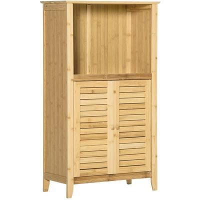 Badezimmerschrank Badschrank Standregal mit 2 Lamellentüren, offenem Regal, Bambus, Image