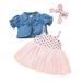 Uccdo 3Pcs Baby Girls Princess Tutu Dresses Spaghetti Strap Tulle Wedding Dress+Denim Shirt+Headband 0-3T