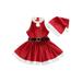 Gwiyeopda Toddler Baby Girl 2Pcs Christmas Outfits Sleeveless Plush Trim Belted Dress + Santa Hat Sets