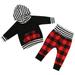 Newborn Baby Boys Girls Hooded Striped Kangaroo Pocket Tops + Plaid Red Pants 2PCS Outfits