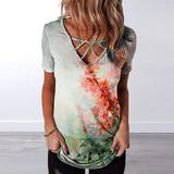 Tees for Women Short Sleeve Top Trendy Print front crisscross Tshirts Comfy V Neck Blouse