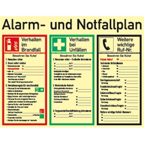 Schild Alarm- und Notfallplan ISO 7010, Kunststoff, nachleuchtend, 50-mcd, 620x480 mm Image