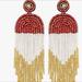 Free People Jewelry | Long Beaded Tassel Earrings Big Boho Native Handmade Bead Dangle Earr | Color: Gold/White | Size: Os