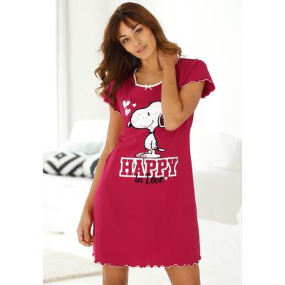 Nachthemd PEANUTS, Damen, Gr. 40/42, N-Gr, rot, Single Jersey, Obermaterial: 100% Baumwolle, Basic, bequem kurz, Rundhals, Kurzarm eingesetzt Babylock kontrastfarben, Kleider, mit Snoopy Print und Kräuselsäumen Image