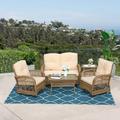 VIVIJASON 5-Piece Outdoor Patio Wicker Conversation Sets All Weather Outdoor Rattan Furniture Set Includes Glider Loveseat 2 Coffee Table 2 Glider Rocker Chairs with Cushions Light Brown
