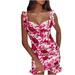 Dresses for Women Summer Elegant Sleeveless Floral Printed Ruffle Ruched Cocktail Party Mini Dress