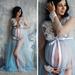 Juebong Maternity Dress Lace Long Sleeve Maternity Maxi Dress for Baby Shower Maternity Photoshoot V-neck Net Yarn Lace Maternity Split Fork Dresses with Belt