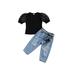 Qtinghua Toddler Baby Girl Summer Clothes Lace Puff Short Sleeve T-Shirt Tops + Ripped Jeans Denim Pants + Belt Set Black 3-4 Years