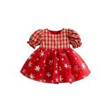 xingqing 1-4Years Christmas Toddler Girls A-line Dress Short Sleeve Snowflake Print Plaid Princess Dress Xmas Tulle Dress Red 6-12 Months
