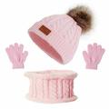 HESHENG Kids Winter Warm Beanie Hat Scarf Gloves Set Thermal Knit Crochet Thick Fluffy Toddler Cap Pom Pom Bobble Hat With Faux Fur For Girls Boys Light Pink