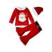 3Pcs Red Christmas Outfits for Toddler Kids Girls Long Sleeve Velvet Tops and Flared Pants Hat