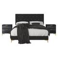 Talia Full Upholstered Crystal Diamond Tufted Panel Bed in Black With 2 Nightstands - CasePiece USA C80093-321