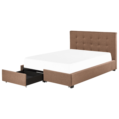 Polsterbett Braun Leinenoptik 140 x 200 cm mit Bettkasten Stauraum Modern Elegant Glamourös Gepolstertes Bett für Schlaf