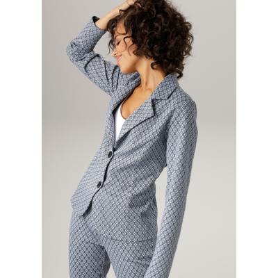 Sweatblazer ANISTON CASUAL, Damen, Gr. 44, blau (hellblau, wollweiß, schwarz), Sweatware, Jersey, Obermaterial: 70% Viskose, 25% Polyester, 5% Elasthan, kariert, gemustert, modisch, figurbetont hüftlang, Langarm, Blazer, im extravagantem Karo-Dessin Image