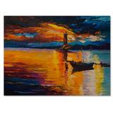 Breakwater Bay Little Boat by Lighthouse at Sunset - Unframed Painting on Wood in Blue/Brown/Orange | 8 H x 12 W x 1 D in | Wayfair