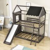 Harper Orchard Scales Twin Over Twin House Bunk Bed, Wood Bunk Bed w/ Slide & Window in Gray | 82.8 H x 42 W x 80 D in | Wayfair