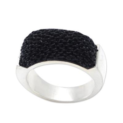 Dark and Light,'Silver-Plated and Black Mesh Band Ring'
