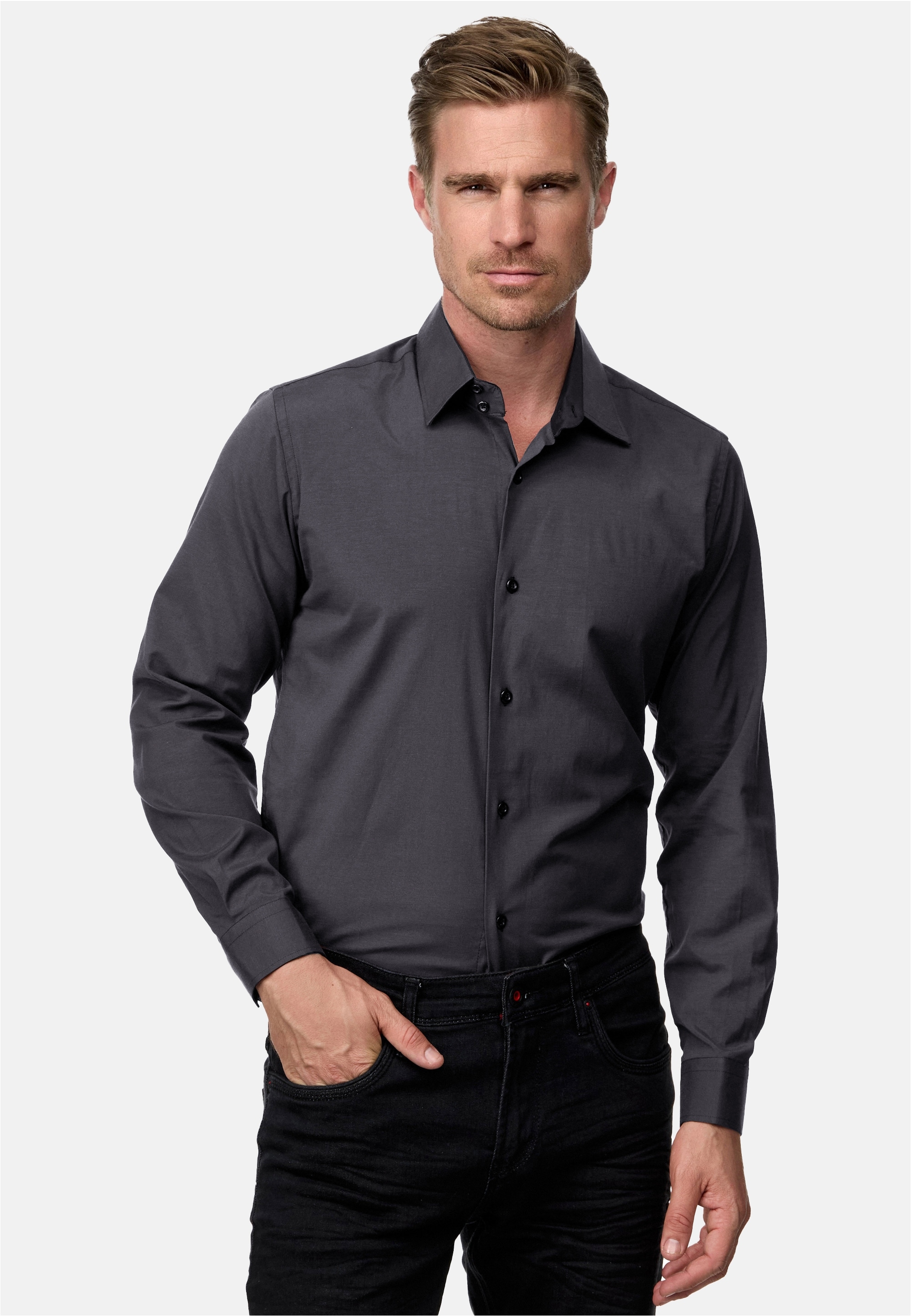 Langarmhemd RUSTY NEAL, Herren, Gr. S, EURO-Größen, grau (anthrazit), 60% Baumwolle, 37% Polyester, 3% Elasthan, unifarben, Hemden, mit trendigem Farbkontrast