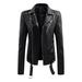 FITORON Women Leather Jacket- Lapel Collar Button Motorcycle Jacket Leather Short Jacket Coat Black L