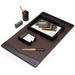 6 Piece Brown Leather Desk Set. Includes 18 x30 Desk Pad Letter Tray Pen Cup Business Card Holder 4 x6 Memo Pad and Letter Opener with Gold Plated Accent.