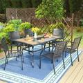 MF Studio 7-Piece Outdoor Patio Dining Set with 6 Large Steel Armchairs& 1 Rectangular Table with Umbrella Hole All-weather Resistant Black
