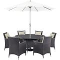 Modern Contemporary Urban Design Outdoor Patio Balcony Eight PCS Dining Chairs and Table Set Beige Rattan