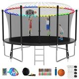 Kumix Trampoline with Enclosure 1200LBS 12 14 15 16FT Trampoline for Kids Adults Trampoline with Basketball Hoop Lights Sprinkler and Socks Outdoor Heavy Duty Trampoline