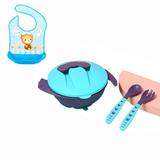 CNKOO Green Baby Plates Bowls with Lids - Silicone Mini Mat - Suction Placemat Bowl with Spoon Fork for Self Feeding - Blue Baby Bib