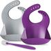 2 Pack Silicone Baby Bibs with Soft Feeding Spoon - Adjustable Perfect-Fit Buttons for Infants and Toddlers - Food Grade Silicone Waterproof BPA-Free Dishwasher Safe - by Satiety (Grey-Purple)